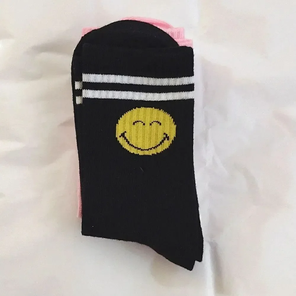 $9💥 Smiley World 3 Pairs Girl's Crew Socks NWOT Pink White Black Girly Floral